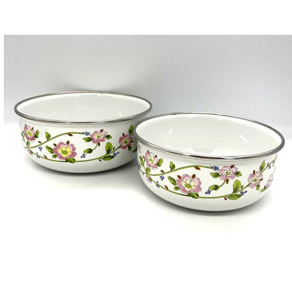 Vintage Floral Kobe Kitchen Set of 2 Metal Nesting Bowls Pink Green Vines Japan - Picture 1 of 9